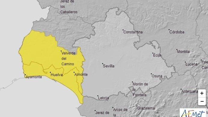 Aviso amarillo en el Andévalo, el Condado y el Litoral hasta las seis de la mañana