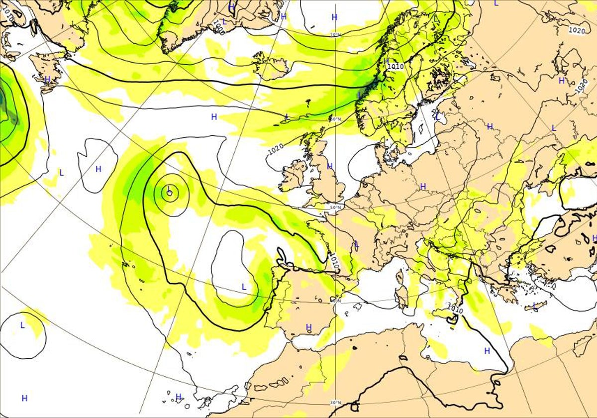 Mapa con la presión a nivel del mar, velocidad del viento y altura