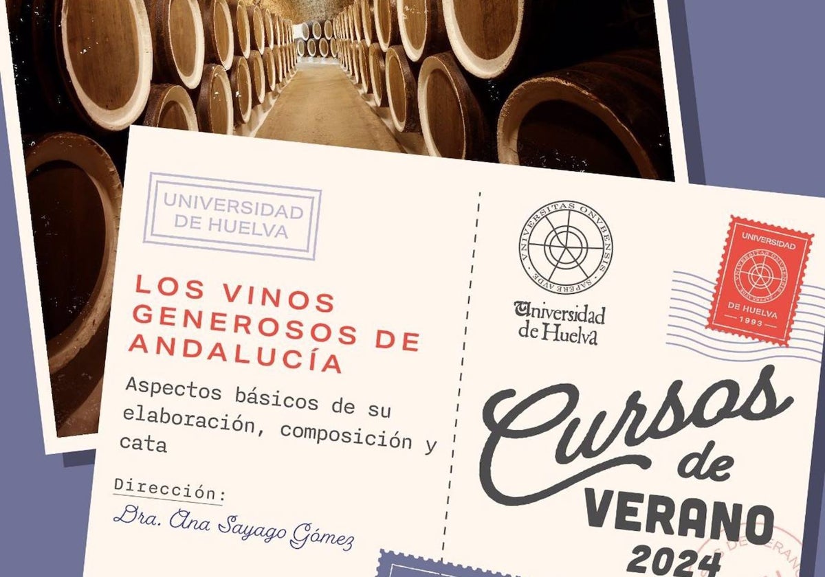 Cartel del curso de verano de la UHU sobre los vinos generosos de Andalucía.