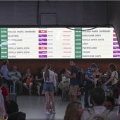 Pasajeros ante una pantalla que informa de los trenes demorados