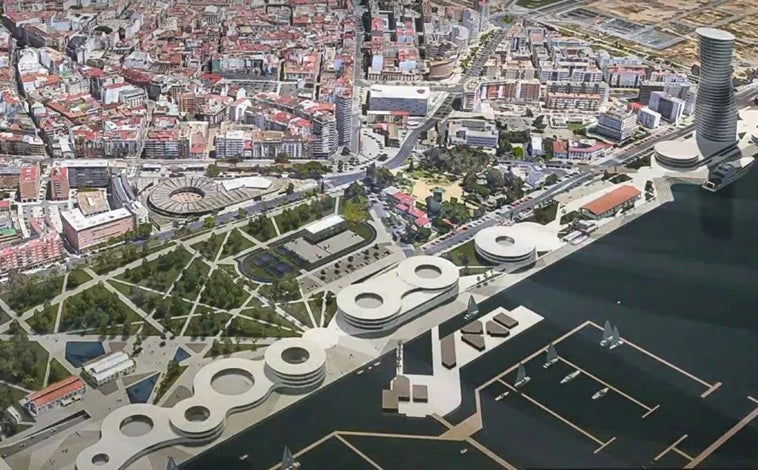 Imagen principal - El proyecto del Muelle del Levante y el espacio actual junto a la ría, además del plano de la zona San Antonio-Montija