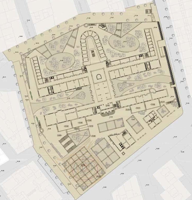 Plano de proyecto, con los nuevos espacios integrados junto a los edificios originales