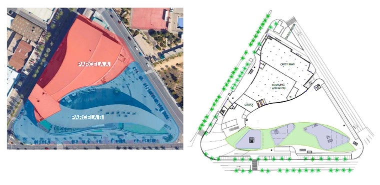 A la izquierda, en azul, el brazo que se 'amputará' al actual edificio. En su lugar se levantará un conjunto de edificaciones (derecha), que tendrán una mayor altura, equivalente a ocho plantas