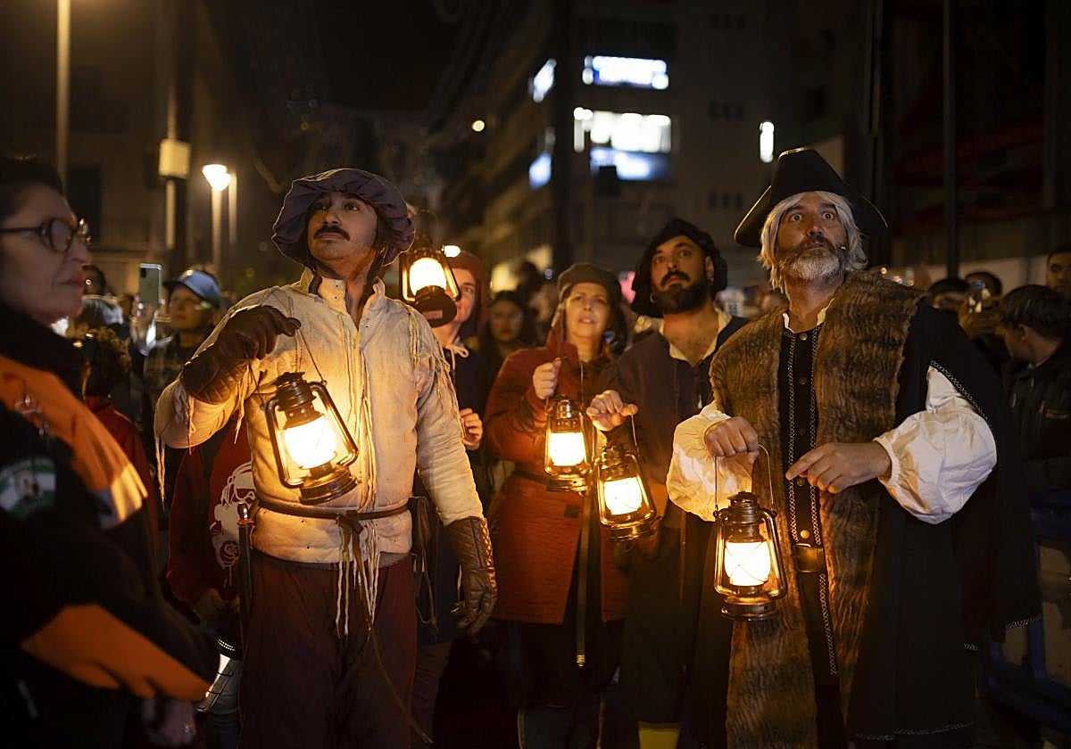 Colón y sus acompañantes, por la Gran Vía