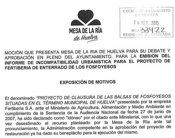La Mesa de la Ría presenta una moción en el Ayuntamiento contra el proyecto de Fertiberia