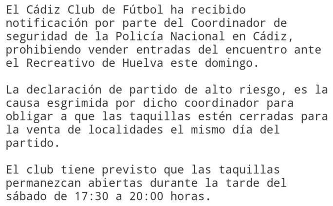 Mañana no se pondrán a la venta entradas para el Cádiz-Recre