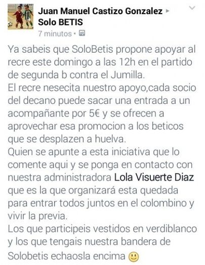 Varios aficionados del Betis estarán apoyando al Recre en el partido ante el Jumilla