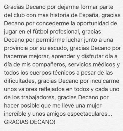 Diego Jiménez: 'Gracias Decano por dejarme formar parte del club con más historia de España'