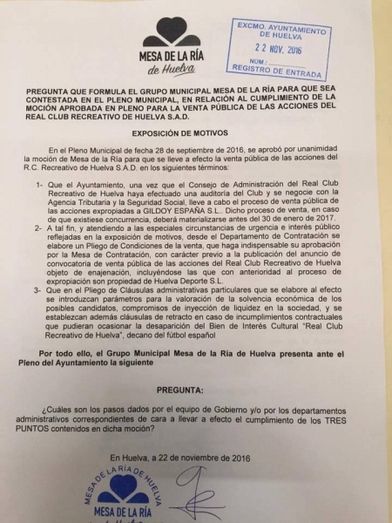 Mesa de la Ría preguntará en el próximo pleno por los pasos que está dando el Ayuntamiento para vender el Recre