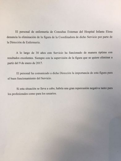 Denuncian la eliminación de la coordinadora de Consultas Externas de Hospital Infanta Elena