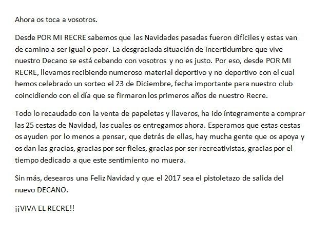 Espectacular detalle del colectivo Por mi Recre entregándole 25 cestas navideñas a los empleados del Decano