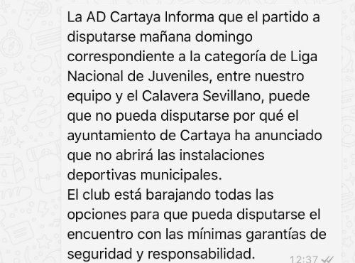 El Ayuntamiento no abrirá este domingo las instalaciones municipales para el Cartaya-Calavera de juveniles