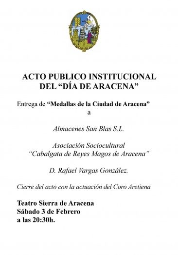 Las 'Medallas de la Ciudad de Aracena' se otorgarán este sábado