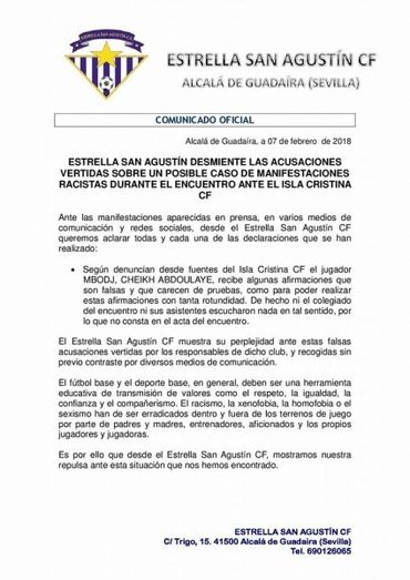 El Estrella San Agustín muestra su 'perplejidad' y dice que las acusaciones de racismo del Isla Cristina son 'falsas'