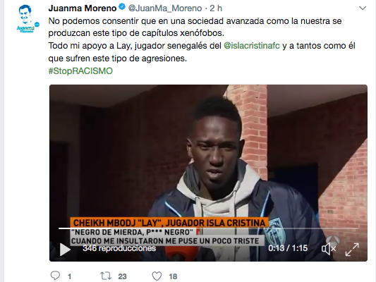 Juanma Moreno (PP) apoya públicamente al jugador del Isla Cristina Lay