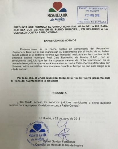 Mesa de la Ría preguntará en el pleno si los servicios jurídicos municipales conocían la auditoría forense antes de acudir al juicio contra Pablo Comas