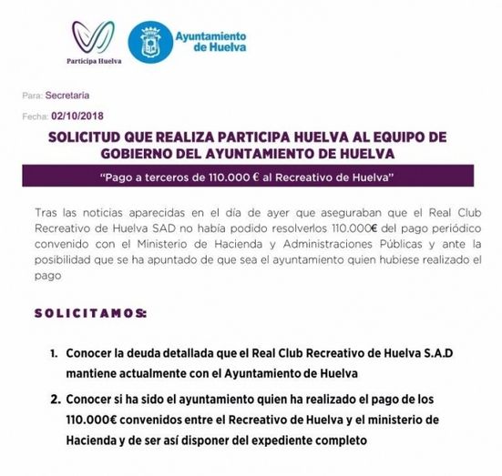 Participa Huelva solicita conocer la deuda que el Recre tiene con el Ayuntamiento y saber si el consistorio ha abonado los 110.000 euros a Hacienda