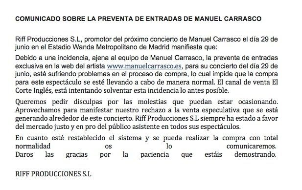 Contratiempos en el primer día de compra de entradas para el concierto de Manuel Carrasco en Madrid