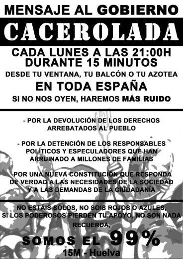 El 15M pide a los ciudadanos de Huelva que se sumen a una cacerolada contra el Gobierno
