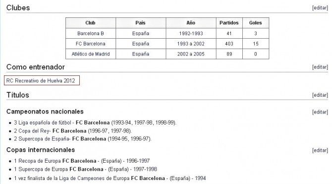 La Wikipedia 'ficha' a Sergi Barjuan como técnico del Recre