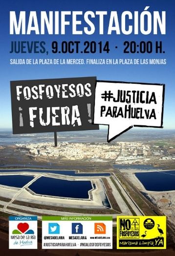 La Mesa de la Ría convoca una manifestación el 9 de octubre bajo el lema 'Fosfoyesos fuera, justicia para Huelva'