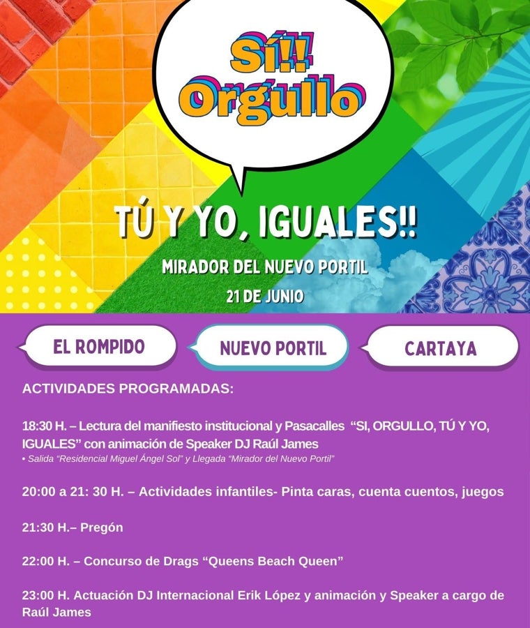 Programación de la fiesta que celebrará Nuevo Portil por el Orgullo