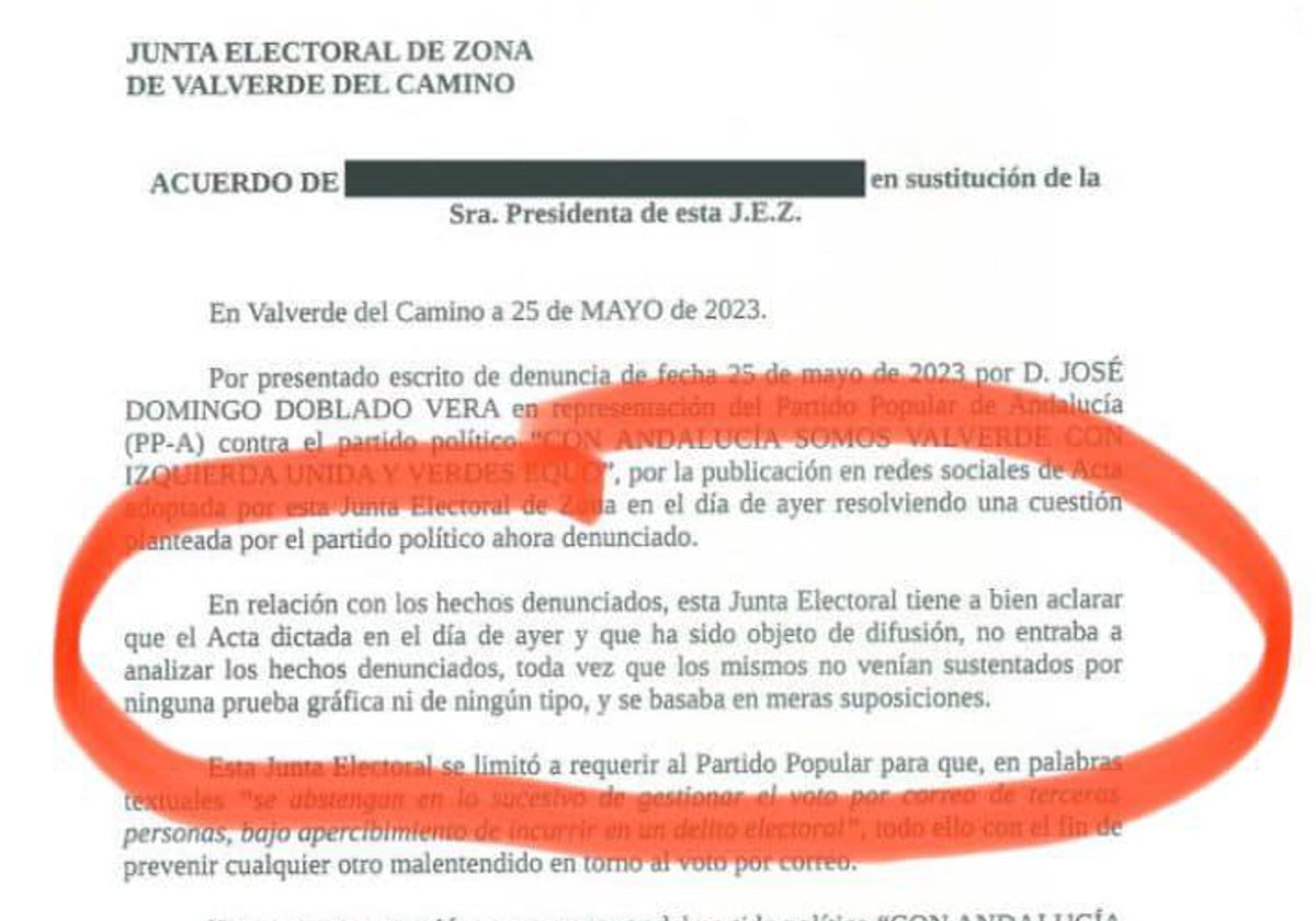 Apercibimiento de la Junta Electoral de Zona de Valverde del Camino