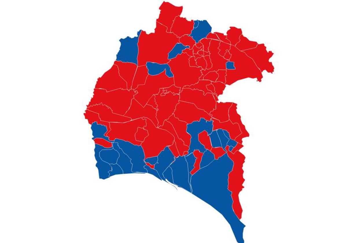 Mapa de Huelva con los municipios coloreados en función de la victoria este 23J