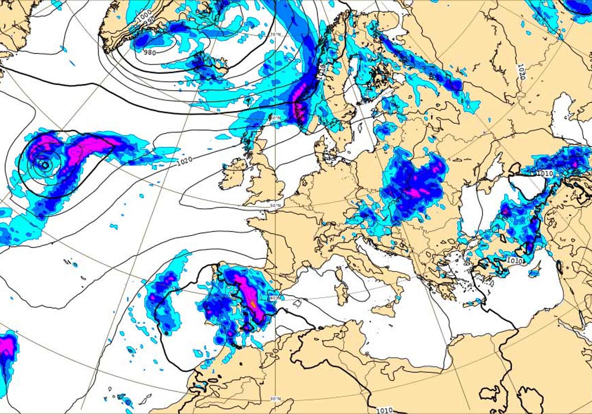 Precipitaciones acumuladas en seis horas previstas para la jornada del domingo