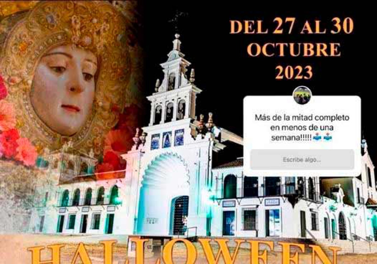 Cartel de la fiesta, con la imagen de la Virgen y el santuario