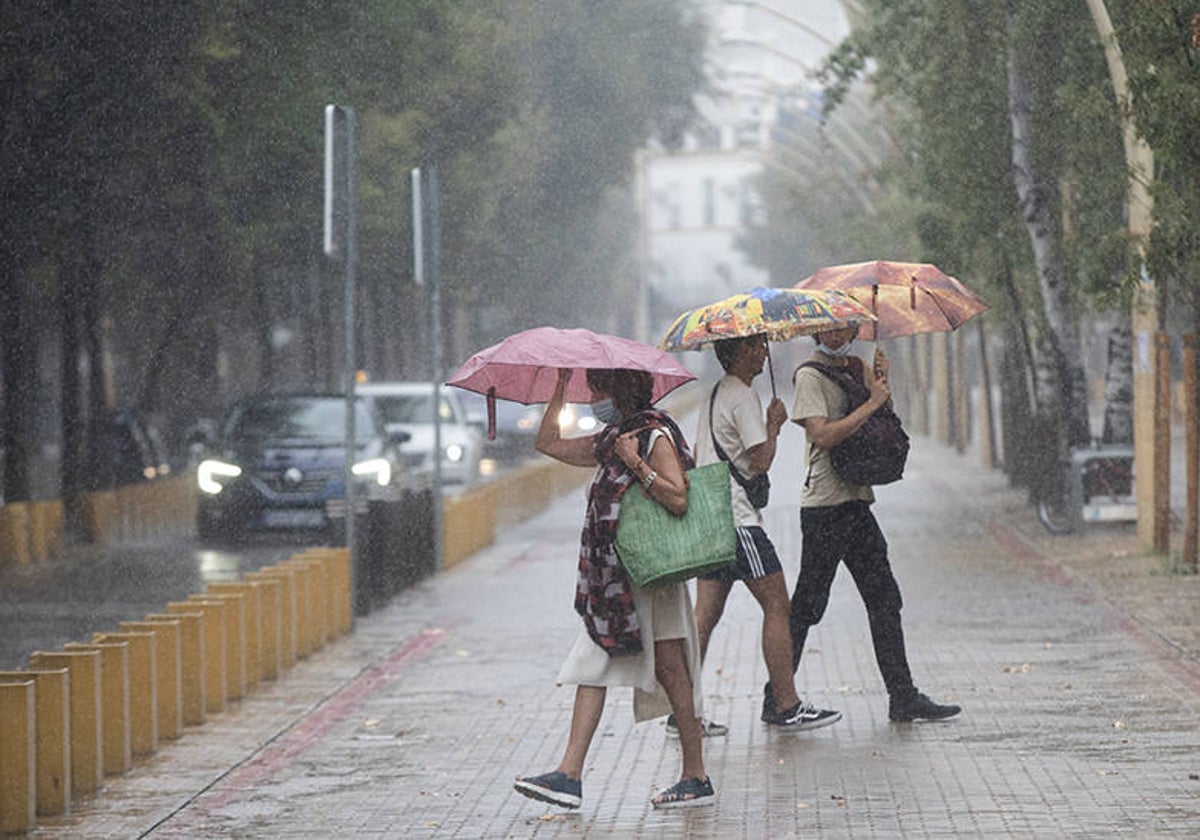 Varias personas caminan bajo sus paraguas durante una tormenta