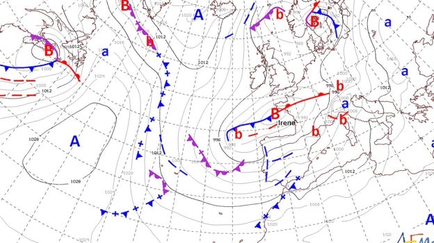 Mapa isobárico de la península ibérica y parte del resto de Europa