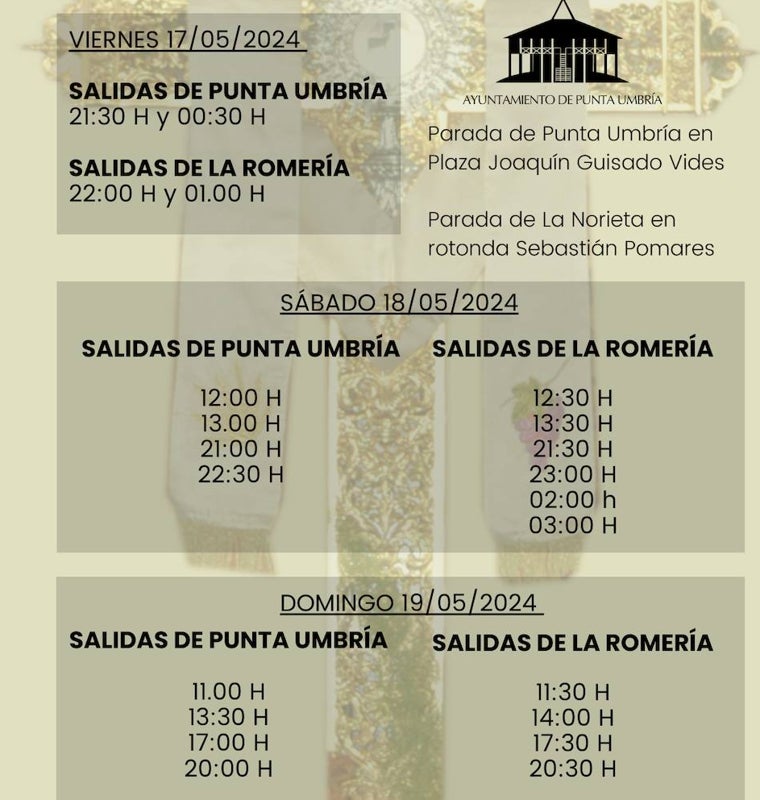 Los horarios de autobuses y paradas para la romería de Punta Umbría