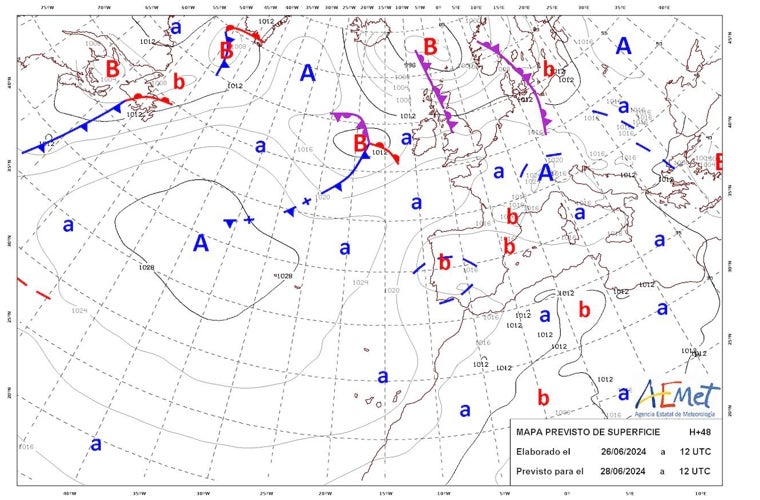 Mapa del la AEMET con la previsión del tiempo para este último fin de semana del mes de junio