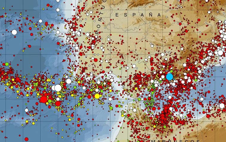 Mapa de la sismicidad en la península ibérica