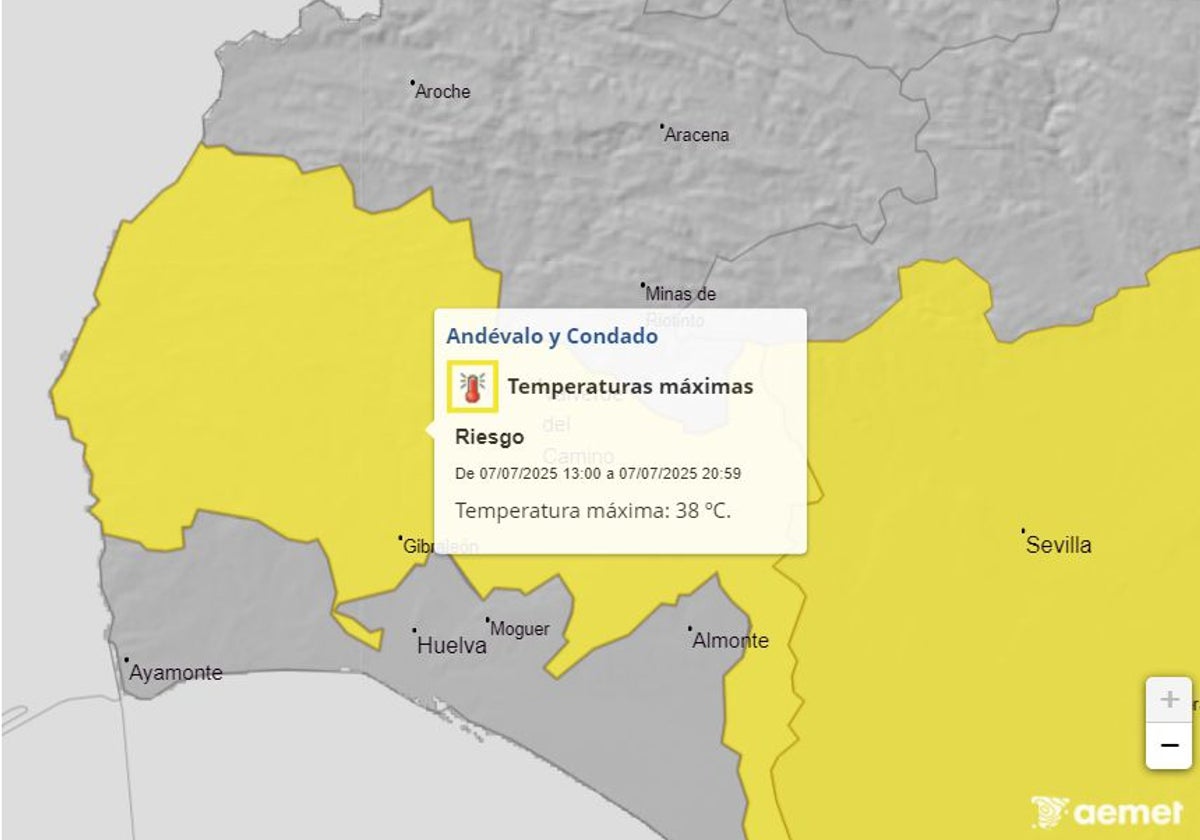 Mapa de avisos previstos para este lunes en Huelva