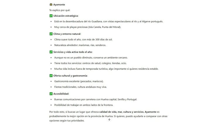Consulta a la IA sobre el mejor pueblo de Huelva