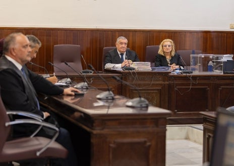 Imagen secundaria 1 - Arriba familiares de una de las víctimas aguardan a la salida del acusado. Sobre estas líneas, a la izquierda, el tribunal presidido por el magistrado y presidente de la Audiencia, Esteban Brito. A la derecha, el abogado de la acusación particular José Luis Orta, atiende a los medios en el exterior de la sede judicial.