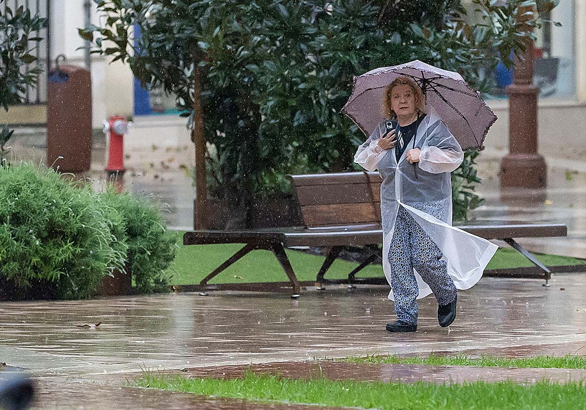 Una mujer se protege de la lluvia, esta mañana, en la capital