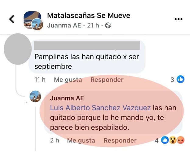 Captura del comentario posteriormente eliminado