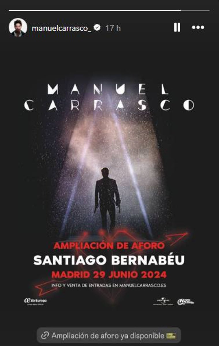 Manuel Carrasco amplía el aforo de su concierto en el Bernabéu: nuevas entradas a la venta