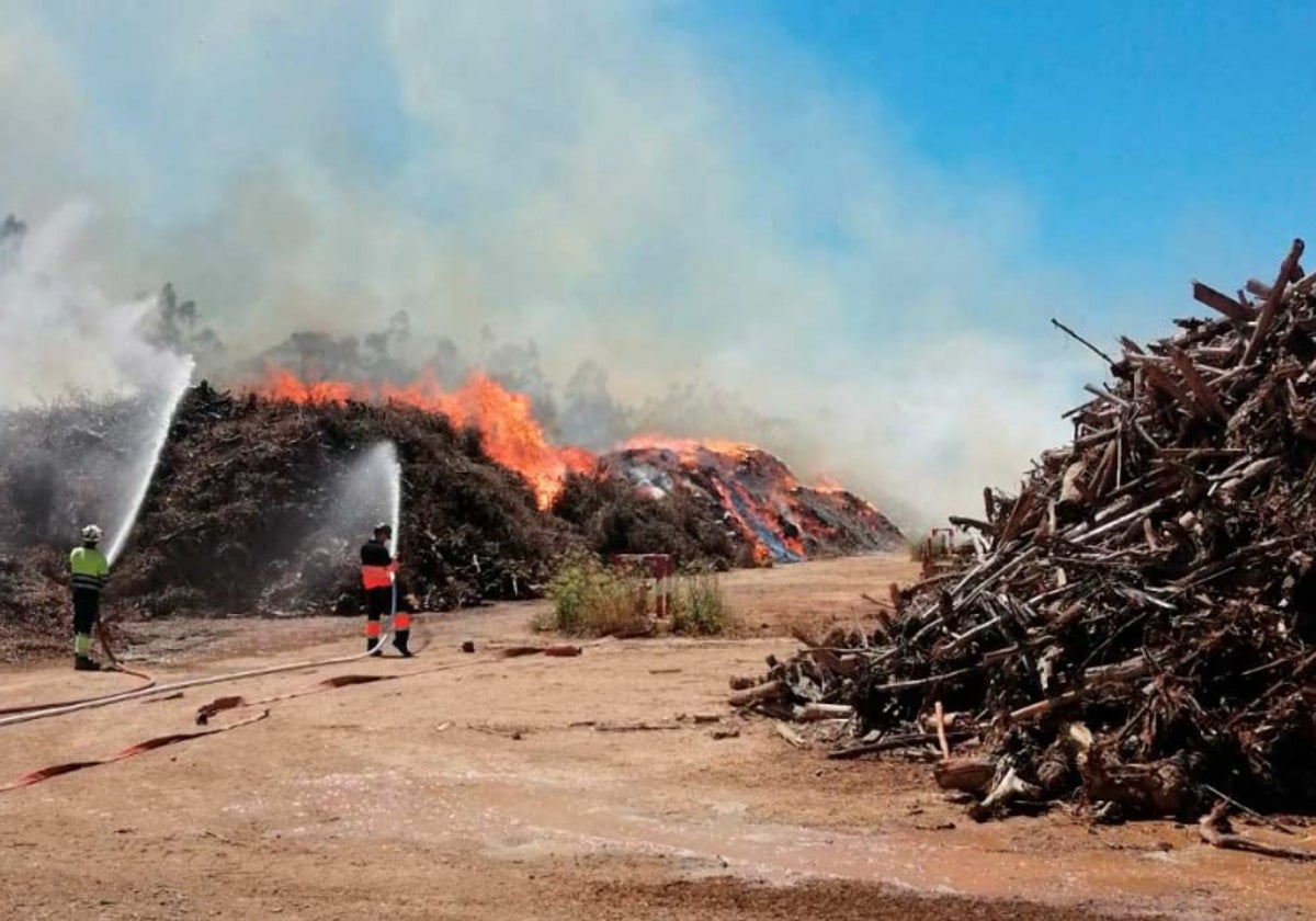Efectivos de bomberos trabajan en el incendio en las instalaciones de Ence