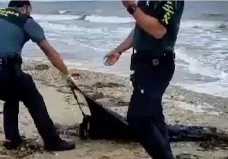 Agentes de la Guardia Civil con los restos hallados en la playa del Espigón