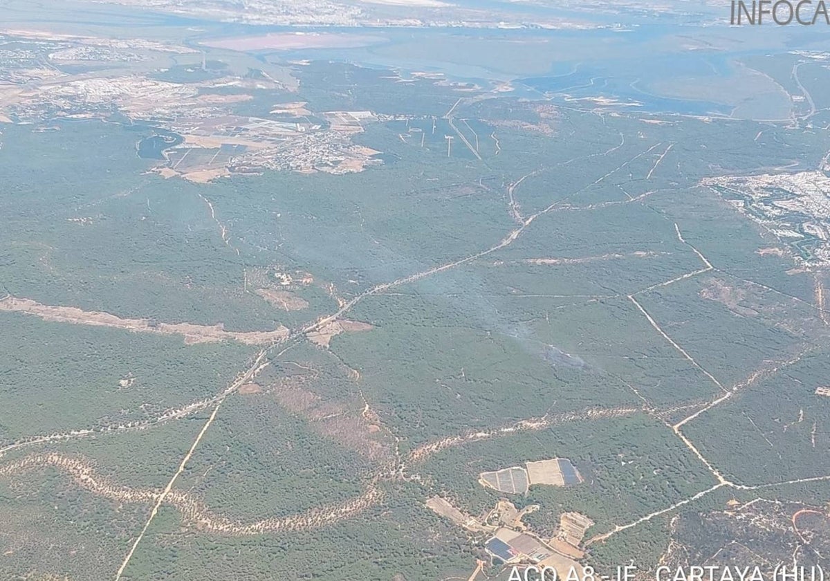 Vista aérea de la zona del incendio en el paraje de Malpica de Cartaya