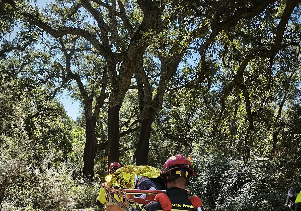 Los bomberos portando a la persona herida tras caerse de su caballo hasta la ambulancia