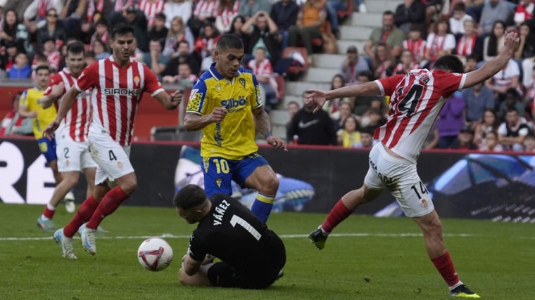 Rubén Yáñez sufrió un golpe fortuito con Brian Ocampo en el Sporting - Cádiz.