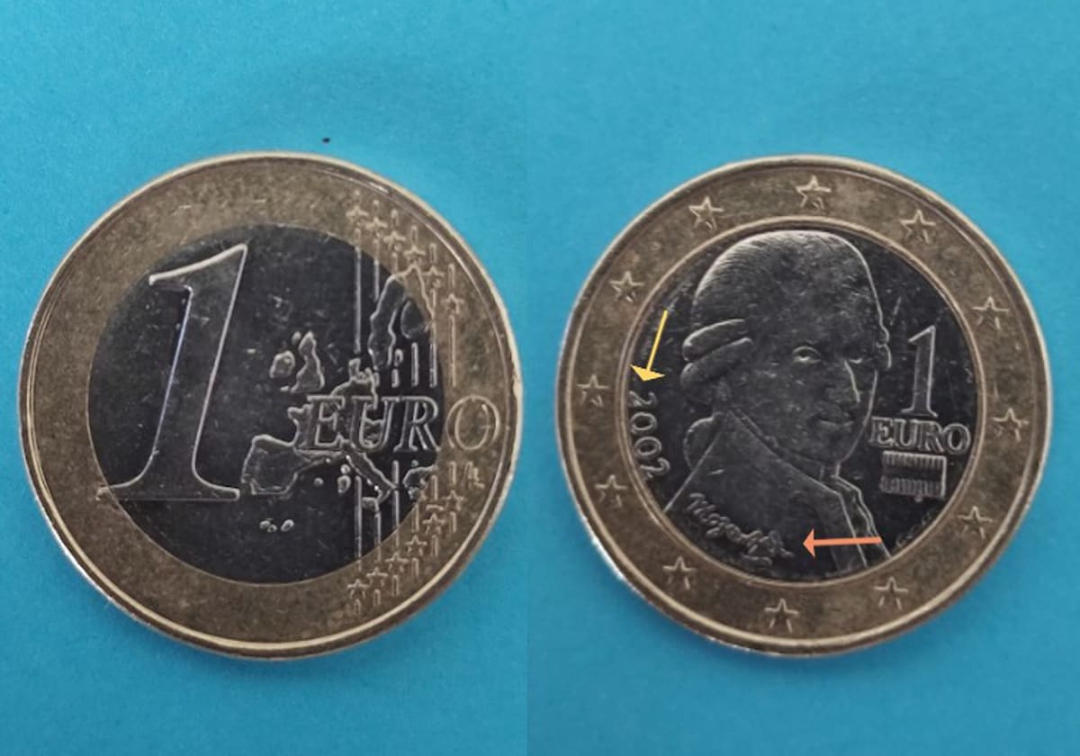 Moneda de euro de Austria de 2002 con Mozart en el anverso