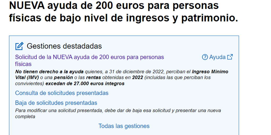 El formulario de la Agencia Tributaria para solicitar la ayuda de 200 ...