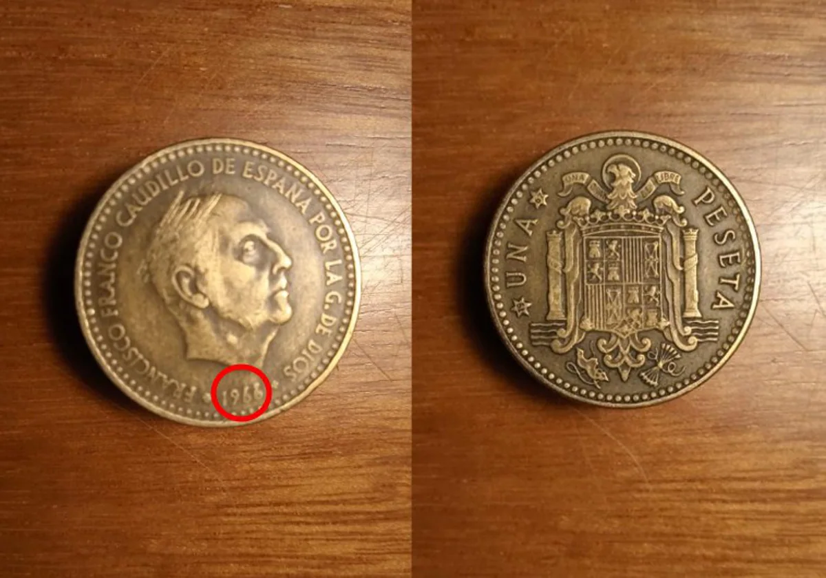 Moneda de peseta de 1966 española con Francisco Franco en el reverso