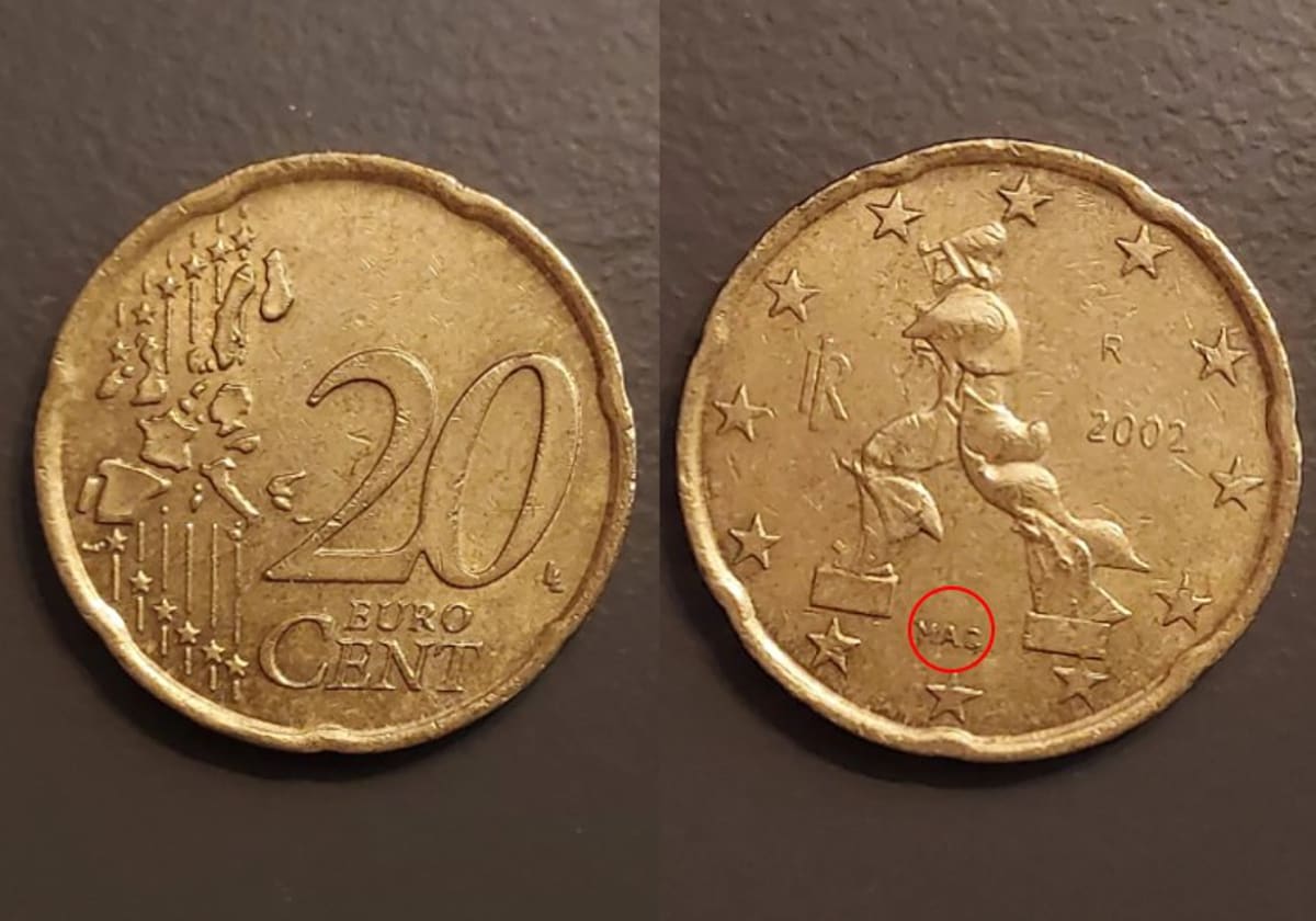 Moneda de 20 céntimos de Italia acuñada en 2002